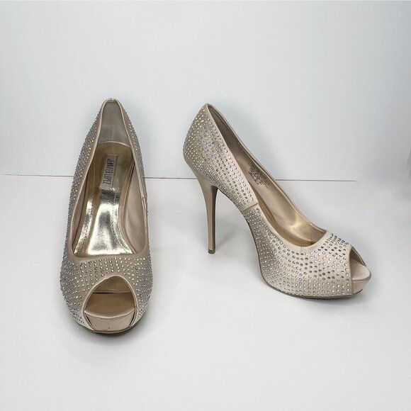 JENNIFER LOPEZ Iridescent Peep Toe Blush Gems Stiletto Heels 10 - Picture 1 of 9